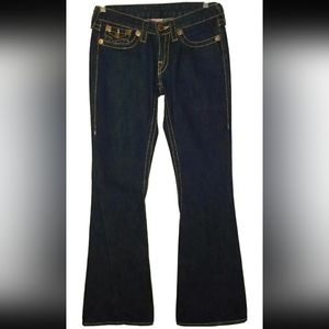 Womens 28 True Religion JOEY BIG T Low•Flare ~Dark Wash~ Blue Jean. Gold Accents